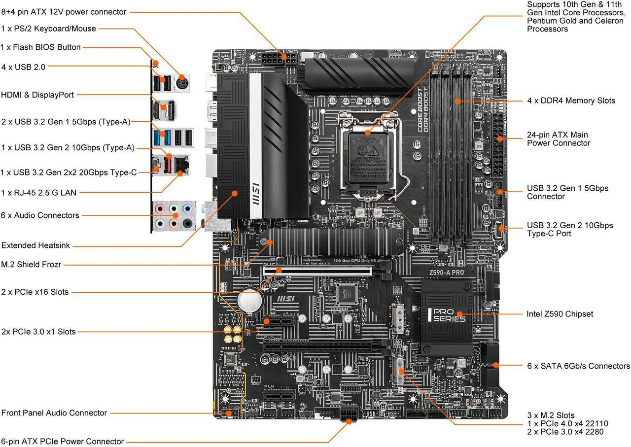 Alt view image 7 of 8 - MSI Z590-A PRO LGA 1200 Intel Z590 SATA 6Gb/s ATX DDR4 PCIe 4.0 2.5G LAN Intel Motherboard