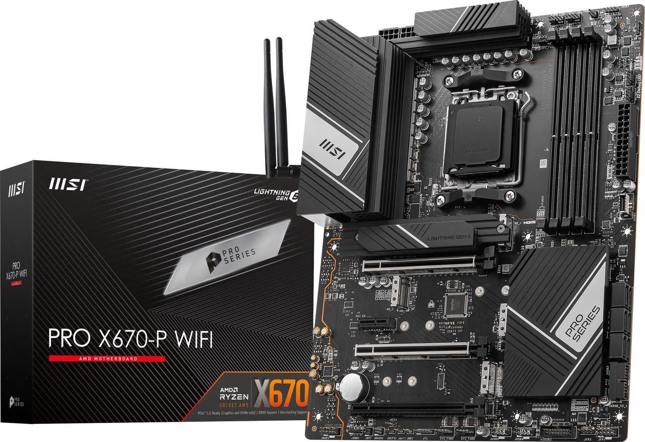 MSI PRO PRO X670-P WIFI DDR5 AM5 AMD Ryzen™ 7000 Series SATA 6Gb/s ATX Motherboards, Wi-Fi 6E, 2.5G Network Solution, Frozr AI Cooling.