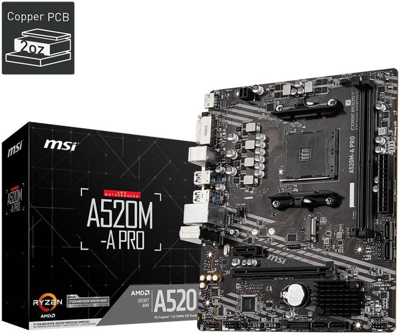 Main image of MSI A520M-A PRO AM4 AMD A520 SATA 6Gb/s USB 3.0 Micro ATX AMD Motherboard