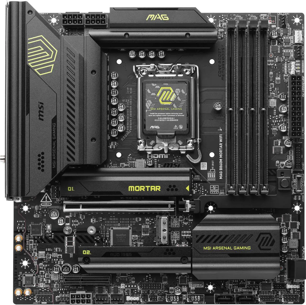 Alt view image 2 of 8 - MSI MAG B860M MORTAR WIFI LGA 1851 Intel B860 SATA 6Gb/s DDR5 CI-E x16 slot  M.2 5Gbps LAN Wi-Fi 7 Micro ATX Motherboard