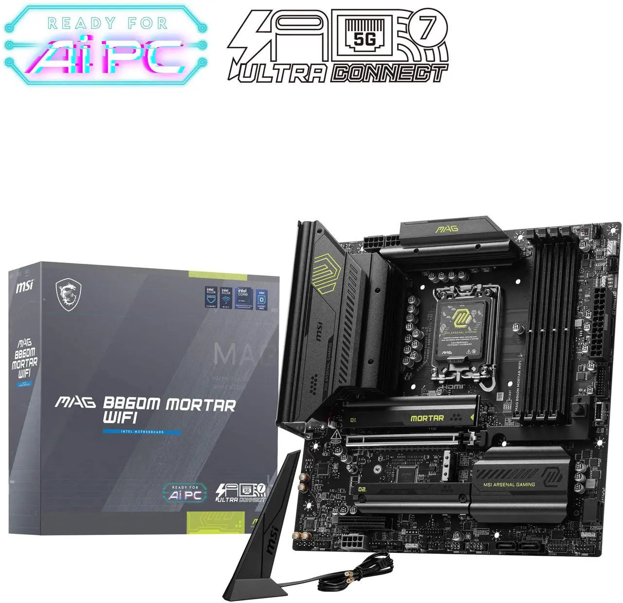 Main image of MSI MAG B860M MORTAR WIFI LGA 1851 Intel B860 SATA 6Gb/s DDR5 CI-E x16 slot  M.2 5Gbps LAN Wi-Fi 7 Micro ATX Motherboard