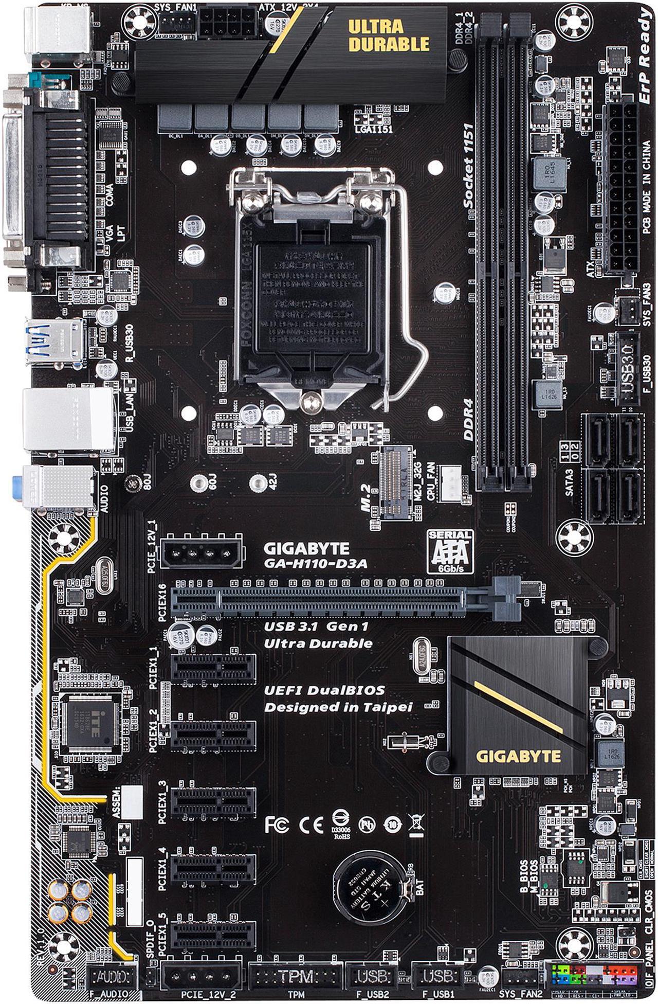 Main image of GIGABYTE GA-H110-D3A (rev. 1.0) LGA 1151 Intel H110 SATA 6Gb/s USB 3.1 ATX Intel Motherboard for Cryptocurrency Mining (BTC)