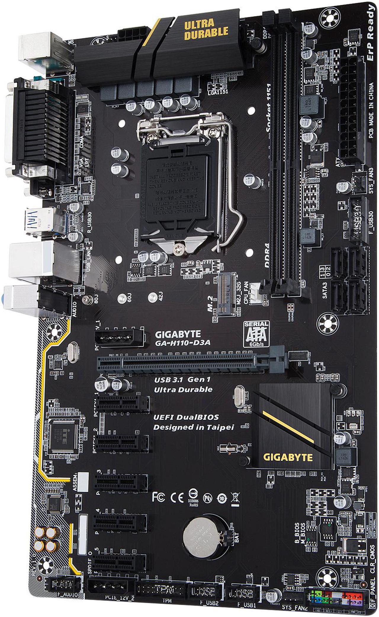 Alt view image 3 of 4 - GIGABYTE GA-H110-D3A (rev. 1.0) LGA 1151 Intel H110 SATA 6Gb/s USB 3.1 ATX Intel Motherboard for Cryptocurrency Mining (BTC)