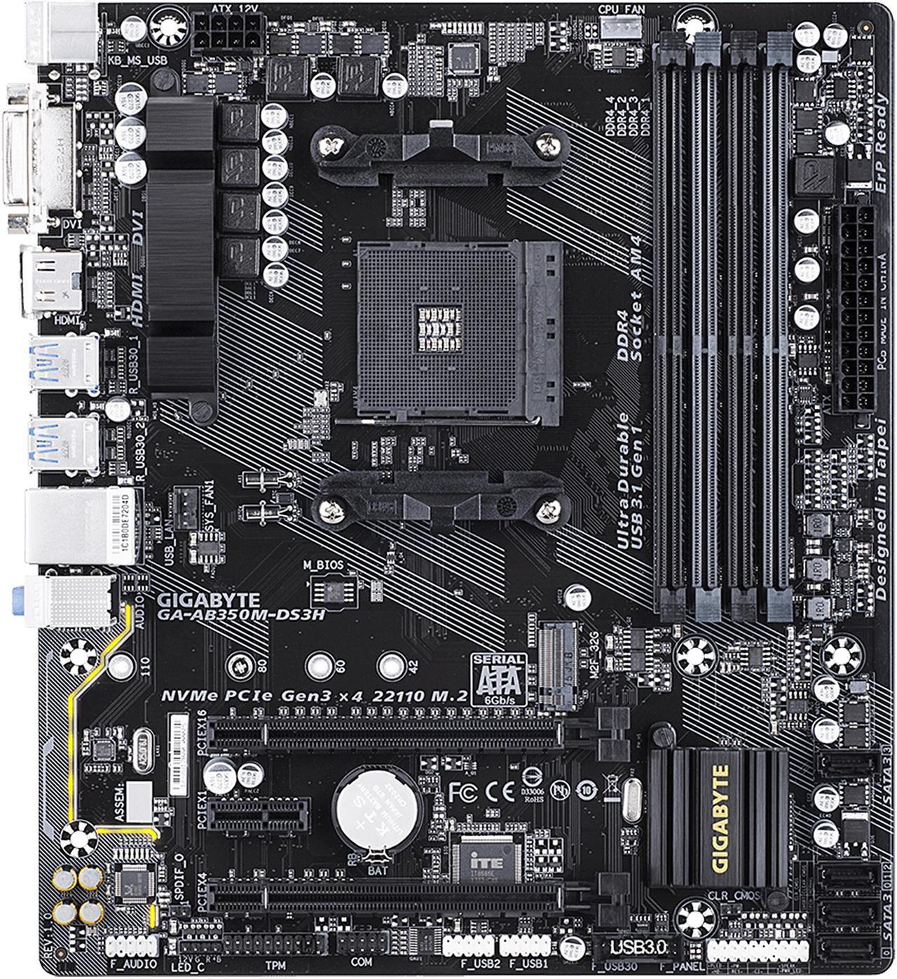 GIGABYTE AB350M-DS3H AM4 AMD B350 SATA 6Gb/s USB 3.1 HDMI Micro ATX AMD Motherboard