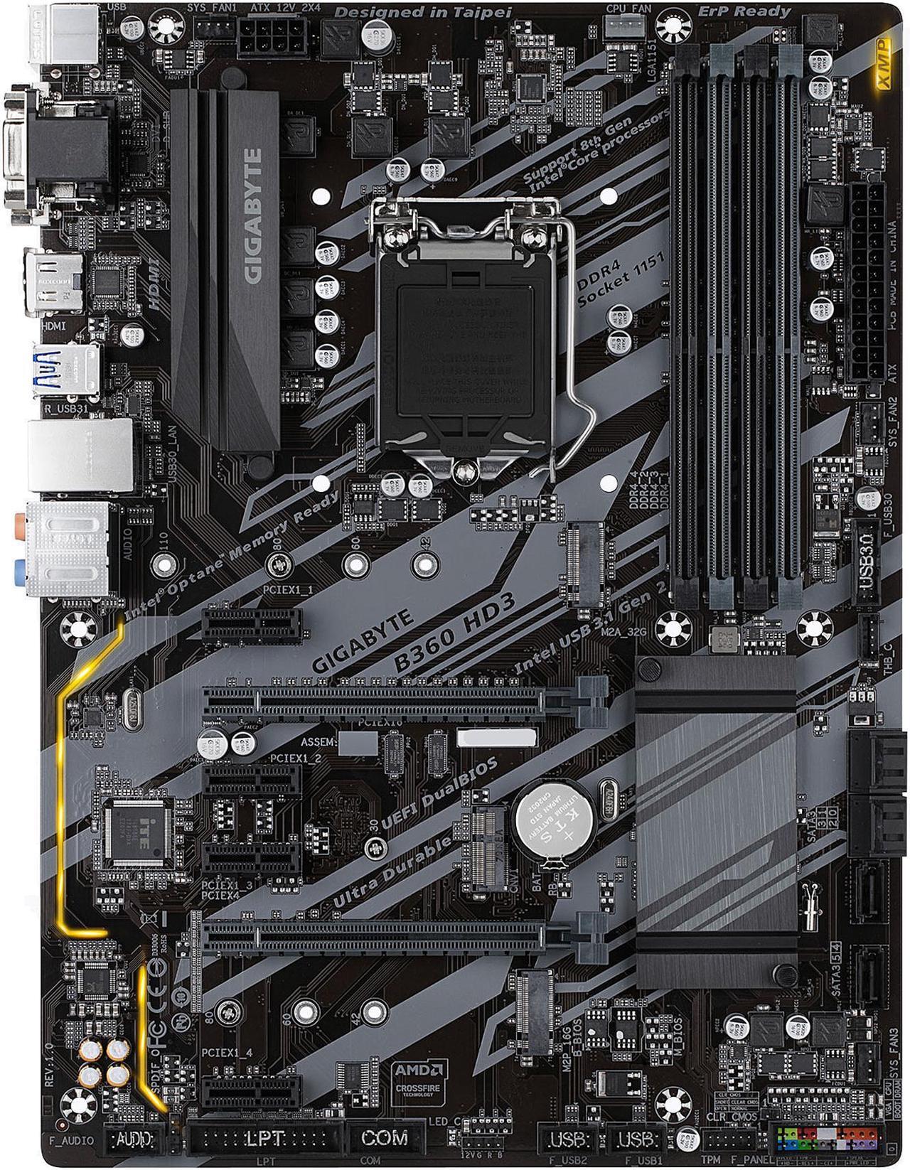 Main image of GIGABYTE B360 HD3 LGA 1151 (300 Series) Intel B360 HDMI USB 3.1 ATX Intel Motherboard