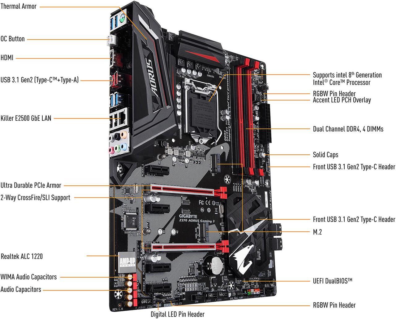 Alt view image 4 of 6 - GIGABYTE Z370 AORUS Gaming 3 LGA 1151 (300 Series) Intel Z370 HDMI USB 3.1 ATX Intel Motherboard
