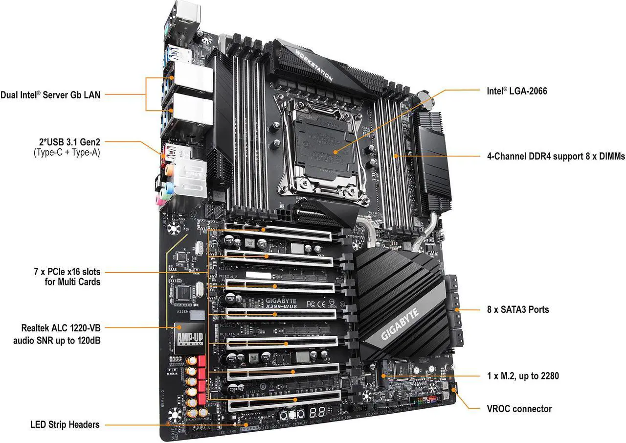Alt view image 5 of 11 - GIGABYTE X299-WU8 LGA 2066 Intel X299 Motherboard with 7 PCIe x16 Slots and Dual Intel Server LAN