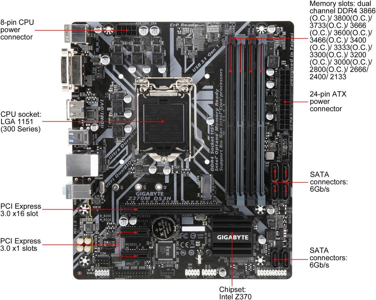 Alt view image 4 of 6 - GIGABYTE Z370M DS3H LGA 1151 (300 Series) Intel Z370 HDMI SATA 6Gb/s USB 3.1 Micro ATX Intel Motherboard