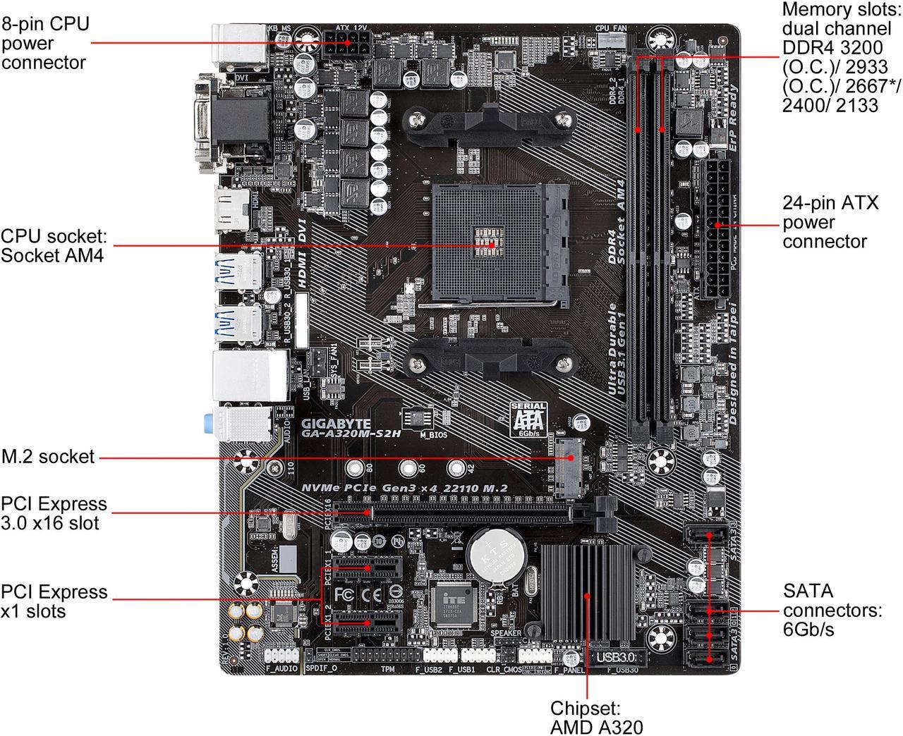 Alt view image 2 of 8 - GIGABYTE GA-A320M-S2H AM4 AMD A320 Micro ATX AMD Motherboard