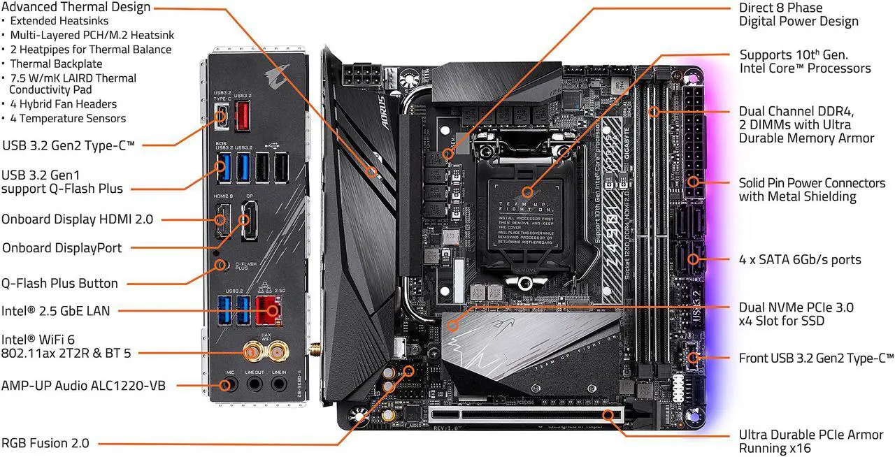 Alt view image 8 of 10 - GIGABYTE Z490I AORUS ULTRA LGA 1200 Intel Z490 Mini-ITX Motherboard with Dual M.2, SATA 6Gb/s, USB 3.2 Gen 2, WIFI 6, 2.5 GbE LAN