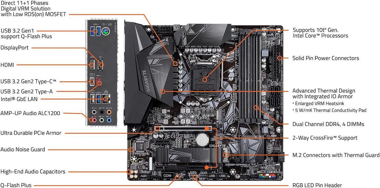 Alt view image 4 of 8 - GIGABYTE Z490M GAMING X LGA 1200 Intel Z490 Micro-ATX Motherboard with M.2, SATA 6Gb/s, USB 3.2 Gen 2