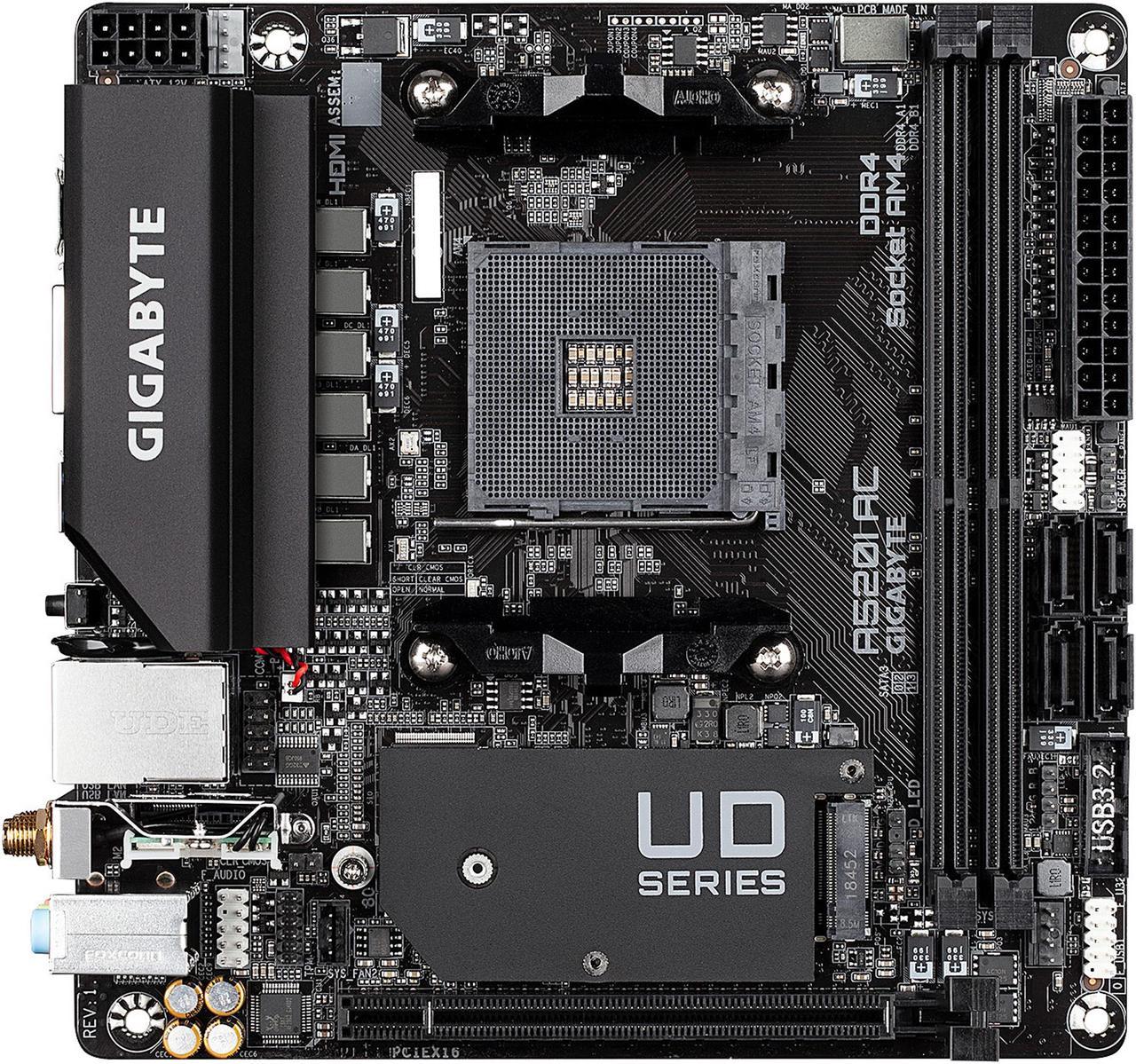 GIGABYTE A520I AC mITX AM4 Direct 6 Phases Digital PWM with 55A DrMOS, GIGABYTE Gaming GbE LAN, Intel WiFi+Bluetooth, NVMe PCIe 3.0 x4 M.2, 3 Display Interfaces, Q-Flash Plus, RGB Fusion 2.0, Motherboard