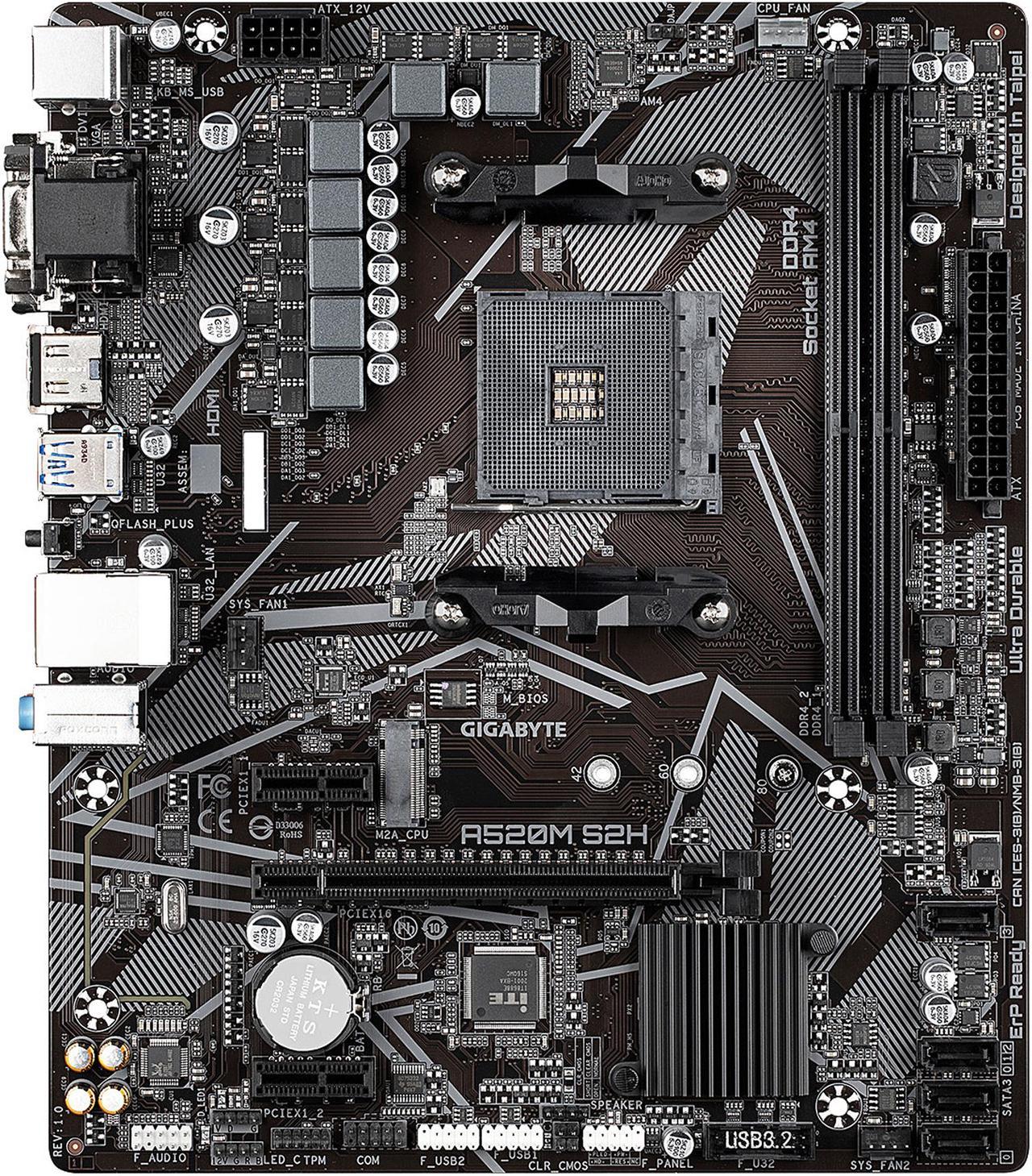 GIGABYTE A520M S2H mATX AM4 4+3 Phases Digital PWM, GIGABYTE Gaming GbE LAN, NVMe PCIe 3.0 x4 M.2, 3 Display Interfaces, Q-Flash Plus, RGB Fusion 2.0, Motherboard