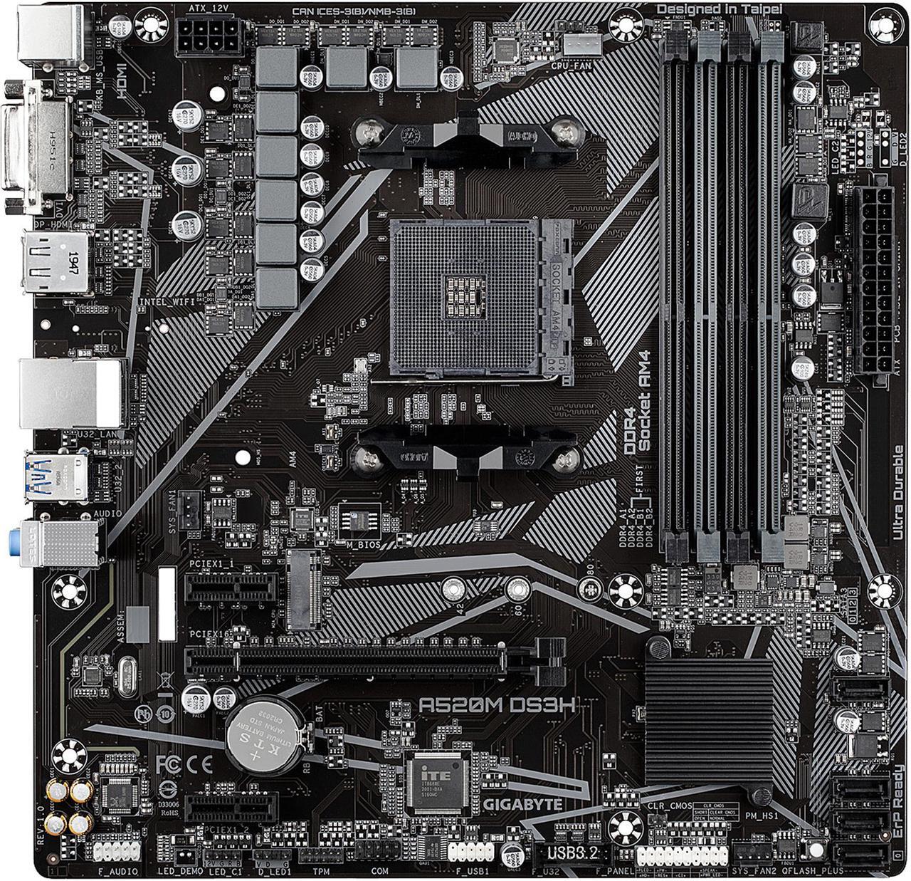 Main image of GIGABYTE A520M DS3H mATX AM4 5+3 Phases Digital PWM, GIGABYTE Gaming GbE LAN, NVMe PCIe 3.0 x4 M.2, 3 Display Interfaces, Q-Flash Plus, RGB Fusion 2.0, Motherboard