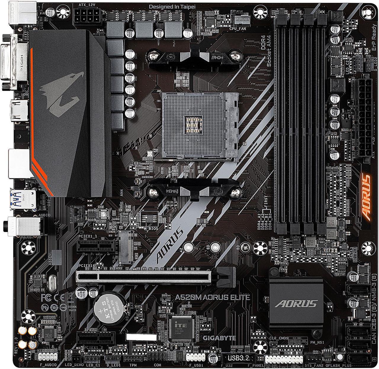 GIGABYTE A520M AORUS ELITE mATX AM4 5+3 Phases Digital PWM, GIGABYTE Gaming GbE LAN, NVMe PCIe 3.0 x4 M.2, 2 Display Interfaces, Q-Flash Plus, RGB Fusion 2.0, Motherboard