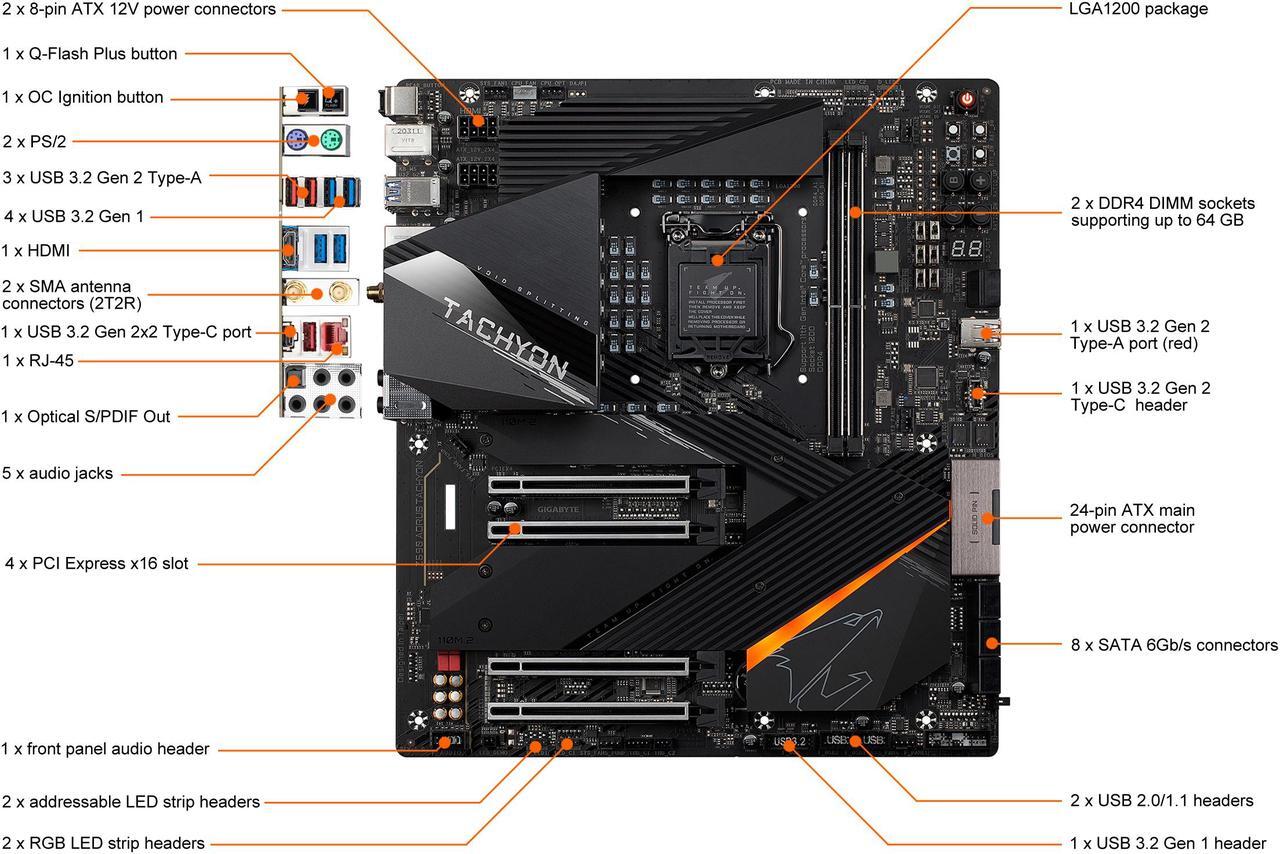 Alt view image 2 of 7 - GIGABYTE Z590 AORUS TACHYON LGA 1200 Intel Z590 E-ATX Motherboard with Triple M.2, PCIe 4.0, USB 3.2 Gen2X2 Type-C, Intel WIFI 6E, 2.5GbE LAN, Onboard Overclocking Kit