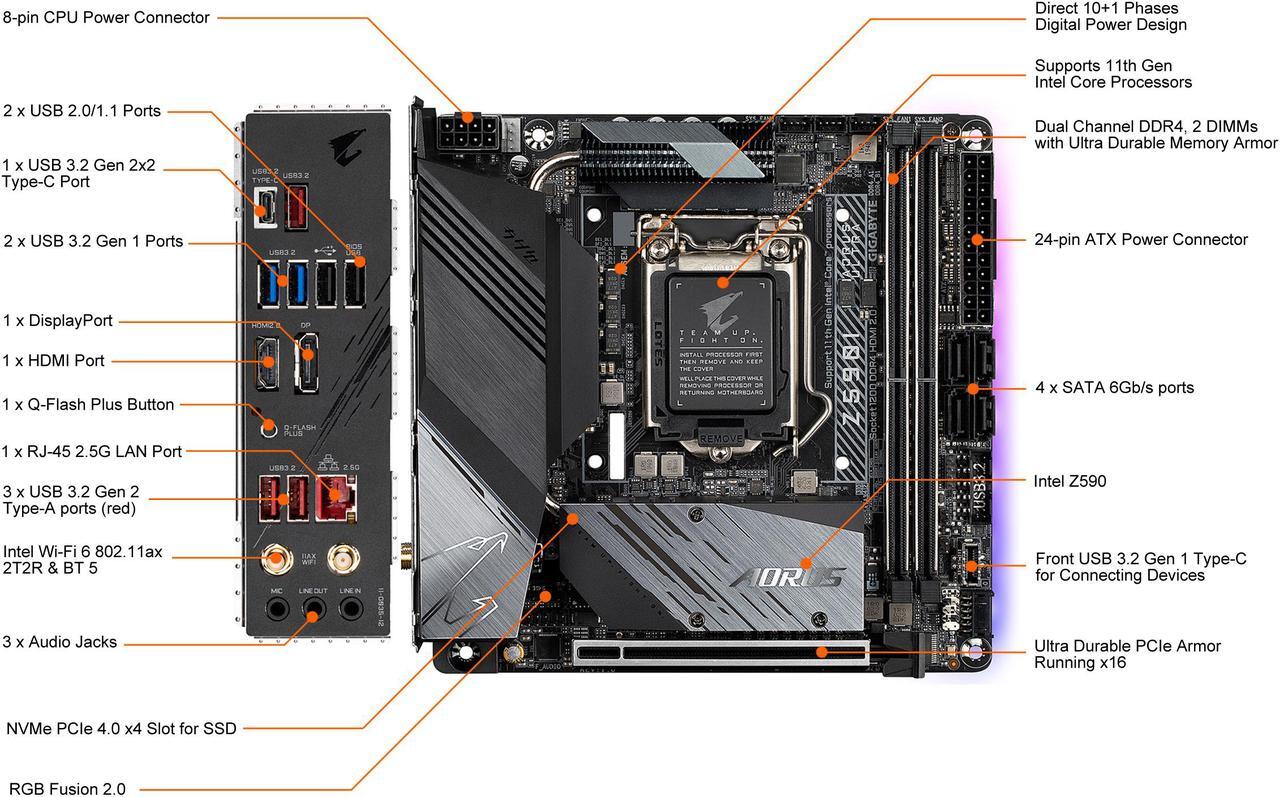 Alt view image 2 of 7 - GIGABYTE Z590I AORUS ULTRA LGA 1200 Intel Z590 Mini-ITX Motherboard with Dual M.2, PCIe 4.0, USB 3.2 Gen2X2 Type-C, Intel WIFI 6, Intel i225V 2.5GbE