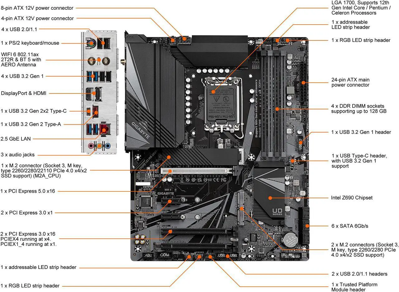 Alt view image 2 of 8 - GIGABYTE Z690 UD AX DDR4 LGA 1700 Intel Z690 ATX Motherboard with DDR4, Triple M.2, PCIe 5.0, USB 3.2 Gen2X2 Type-C, WiFi 6, 2.5GbE LAN