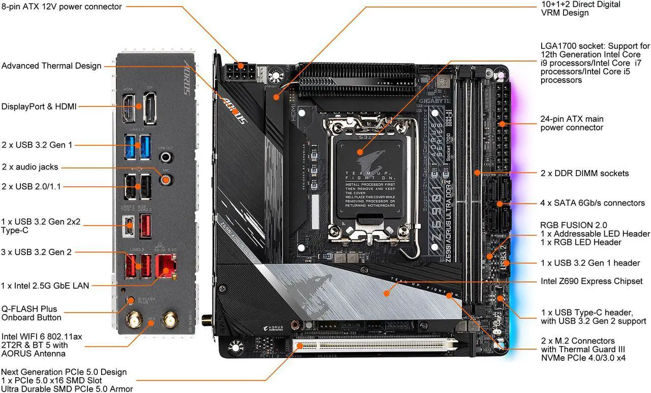 Alt view image 2 of 7 - GIGABYTE Z690I AORUS ULTRA DDR4 LGA 1700 Intel Z690 Mini-ITX Motherboard with DDR4, Dual M.2, PCIe 5.0, USB 3.2 Gen2X2 Type-C, WiFi 6, Intel 2.5 GbE LAN