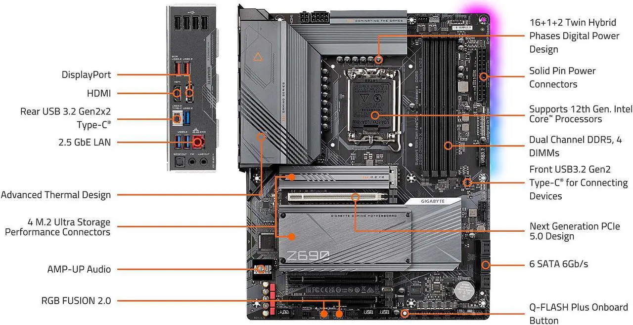 Alt view image 6 of 8 - GIGABYTE Z690 GAMING X LGA 1700 Intel Z690 ATX Motherboard with DDR5, Quad M.2, PCIe 5.0, USB 3.2 Gen2X2 Type-C, 2.5GbE LAN