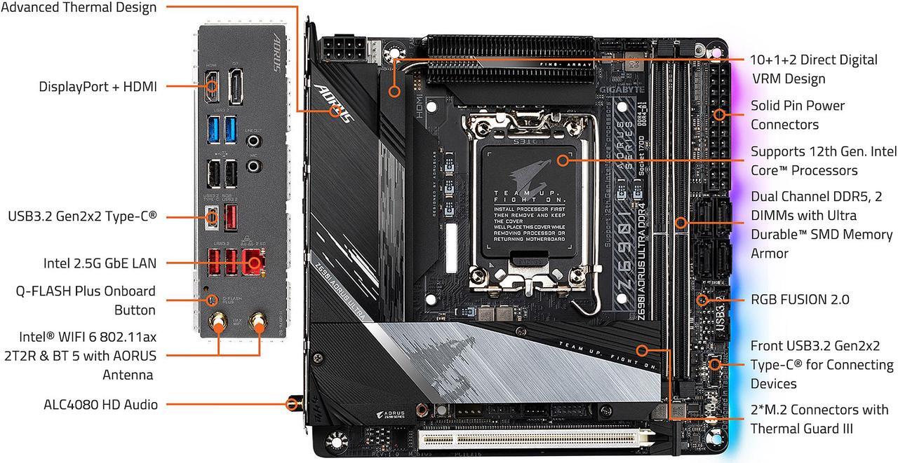 Alt view image 5 of 8 - GIGABYTE Z690I AORUS ULTRA LITE (rev. 1.0) LGA 1700 DDR5 Mini ITX Intel Motherboard