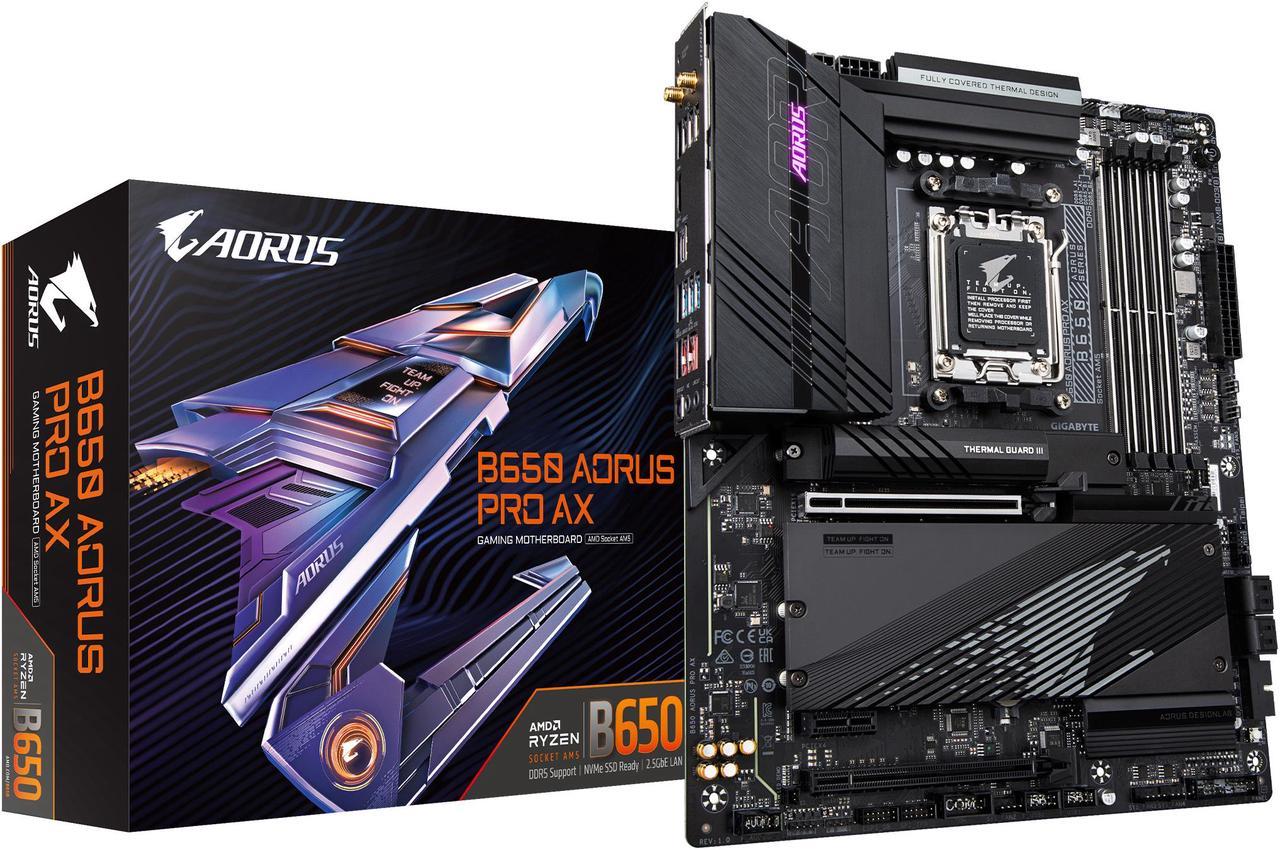 GIGABYTE B650 AORUS PRO AX AM5 LGA 1718 AMD B650 ATX Motherboard, DDR5, USB 3.2 Gen2X2 Type-C, WiFi 6E, Intel 2.5GbE LAN, Q-Flash Plus, EZ-Latch