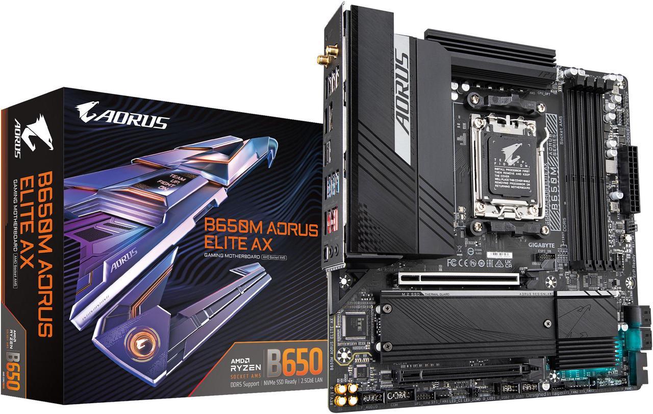 GIGABYTE B650M AORUS ELITE AX AM5 LGA 1718 AMD B650 M-ATX Motherboard with 5-Year Warranty, DDR5, 2 M.2, PCIe 5.0, USB 3.2 Gen2X2 Type-C, Intel 2.5GbE LAN, Q-Flash Plus, EZ-Latch