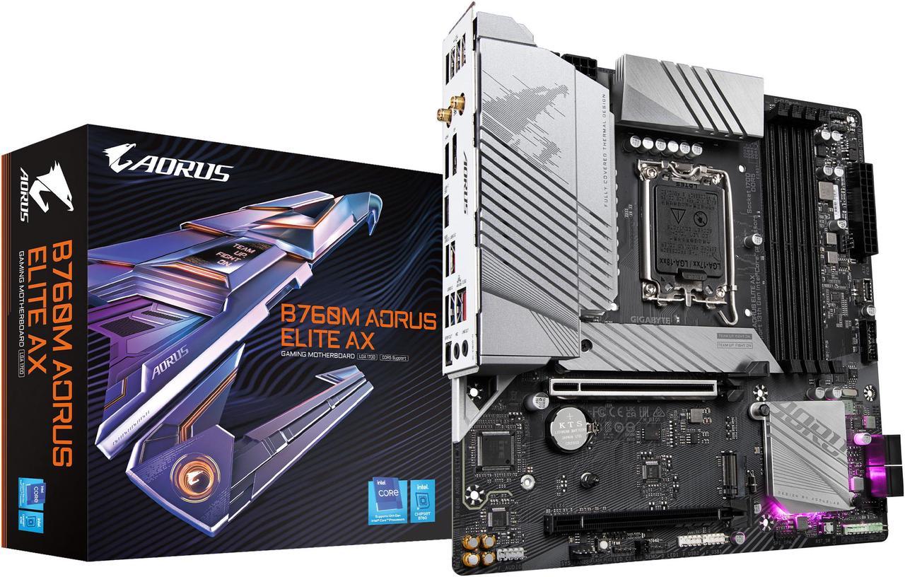 GIGABYTE B760M AORUS ELITE AX LGA 1700 Intel B760 M-ATX Motherboard with DDR5, Dual M.2, PCIe 4.0, USB 3.2 Gen2X2 Type-C, Intel Wi-Fi 6E, 2.5GbE LAN, Q-Flash Plus, PCIe EZ-Latch