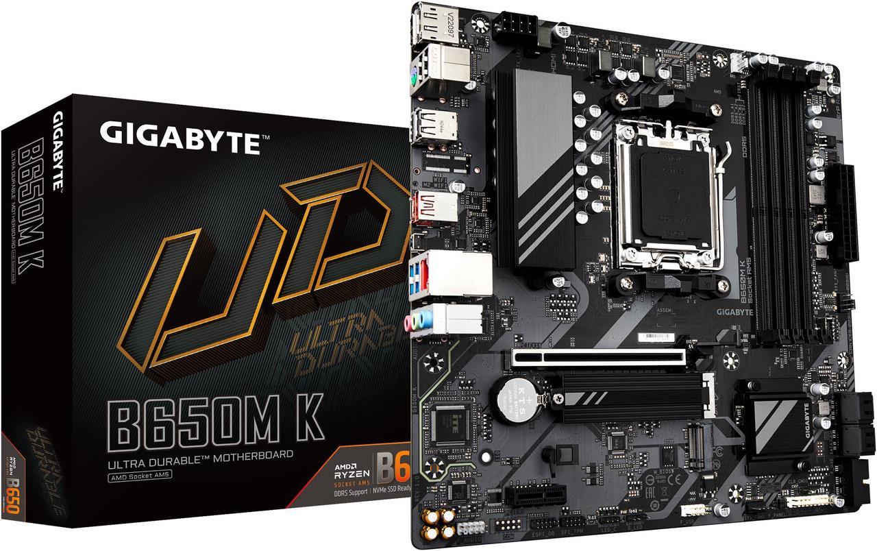 GIGABYTE B650M K AM5 LGA 1718 AMD B650 M-ATX Motherboard, DDR5, 2x PCIe 4.0 M.2, PCIe 4.0, USB 3.2 Gen2 Type-C, 2.5GbE LAN