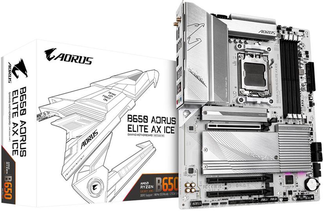 GIGABYTE B650 AORUS ELITE AX ICE AM5 LGA 1718 AMD B650 ATX Motherboard with 5-Year Warranty, DDR5, Triple M.2, PCIe 5.0, USB 3.2 Gen2X2 Type-C, WiFi 6E, 2.5GbE LAN, Snow White, EZ-Latch