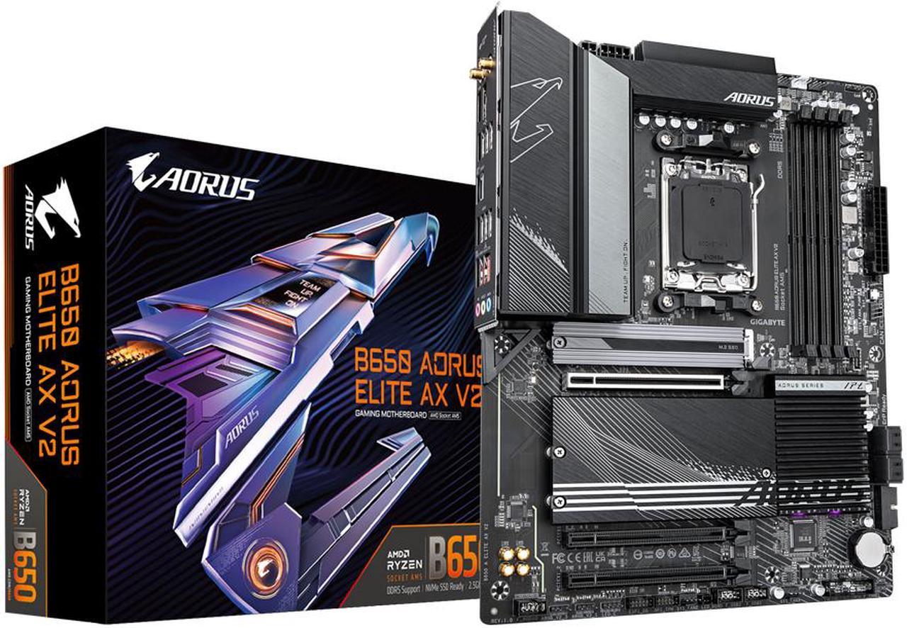 GIGABYTE B650 AORUS ELITE AX V2 AM5 LGA 1718 AMD B650 ATX Motherboard with 5-Year Warranty, DDR5, Triple M.2, PCIe 5.0, USB 3.2 Gen2X2 Type-C, WiFi 6E, 2.5GbE LAN, Q-Flash Plus, EZ-Latch