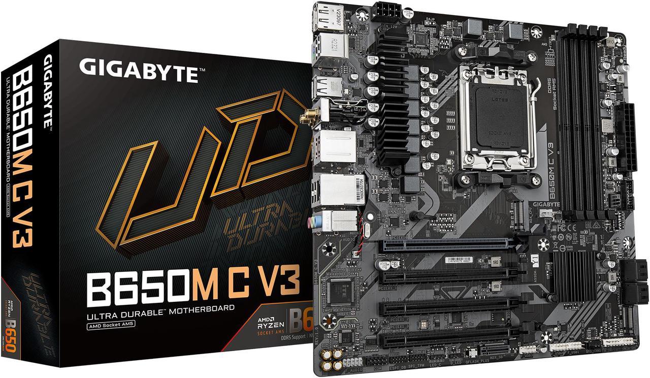 GIGABYTE B650M C V3 (rev. 1.0) AM5 LGA 1718 AMD B650 M-ATX Motherboard, DDR5, PCIe 4.0 M.2, PCIe 4.0, USB 3.2 Gen1 Type-C, 1GbE LAN, Q-Flash Plus, EZ-Latch