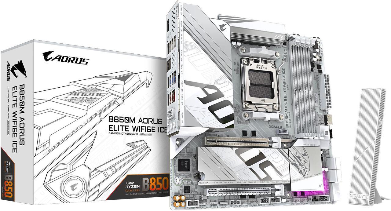 GIGABYTE B850M AORUS ELITE WIFI6E ICE AMD AM5 LGA 1718 Motherboard, mATX, DDR5, 2x M.2, PCIe 5.0, USB-C, WIFI6E, 2.5GbE LAN, EZ-Latch