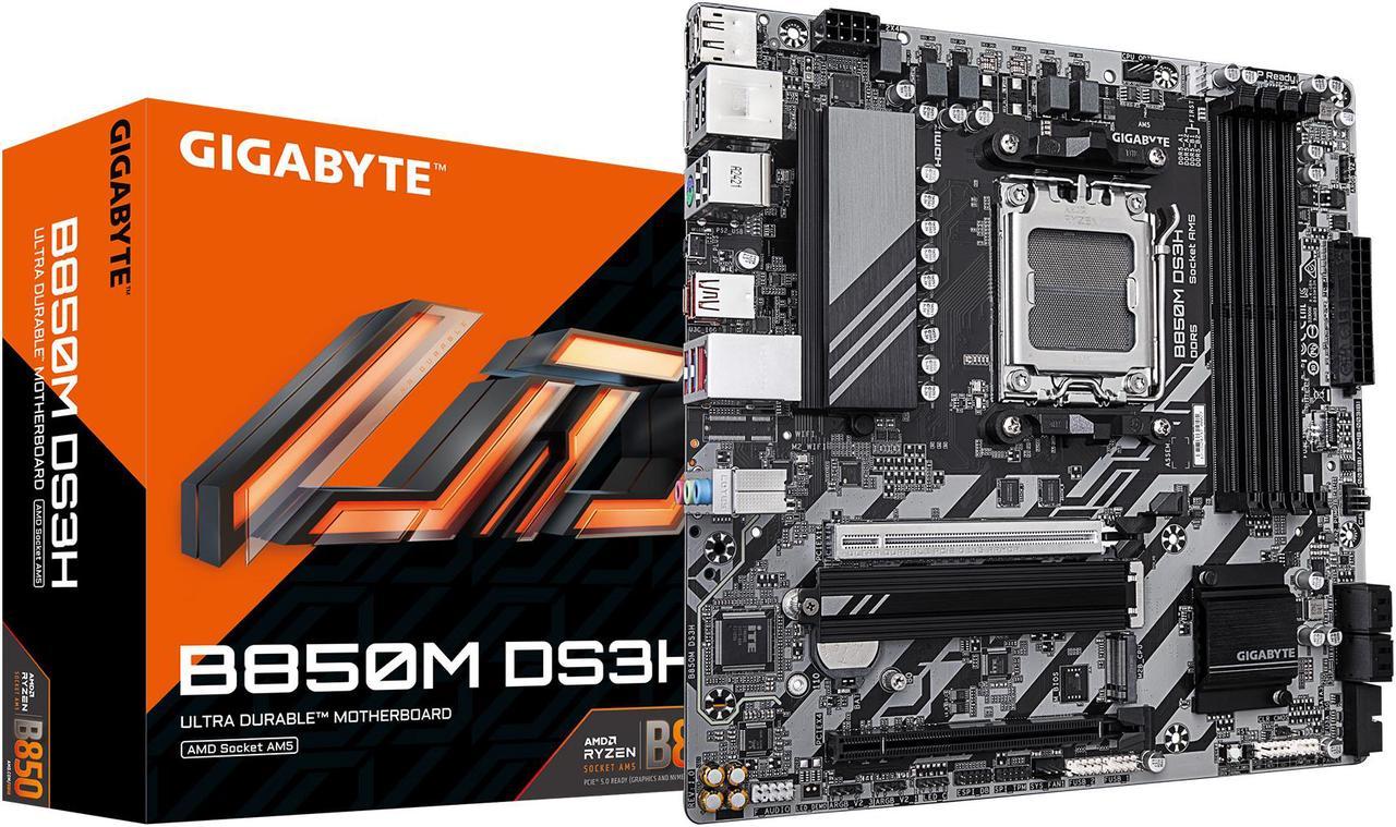 GIGABYTE B850M DS3H AMD AM5 LGA 1718 Motherboard, mATX, DDR5, 2x M.2, PCIe 5.0, USB-C, 2.5GbE LAN, EZ-Latch