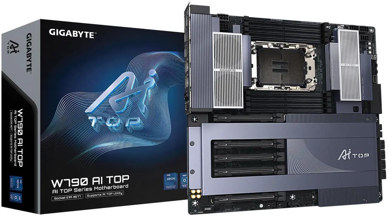 Main image of GIGABYTE W790 AI TOP Intel Xeon W Processor Motherboard (LGA4677), E-ATX, DDR5, 6x M.2, PCIe 5.0, Thunderbolt 4, WIFI7, 10GbE LAN, EZ-Latch