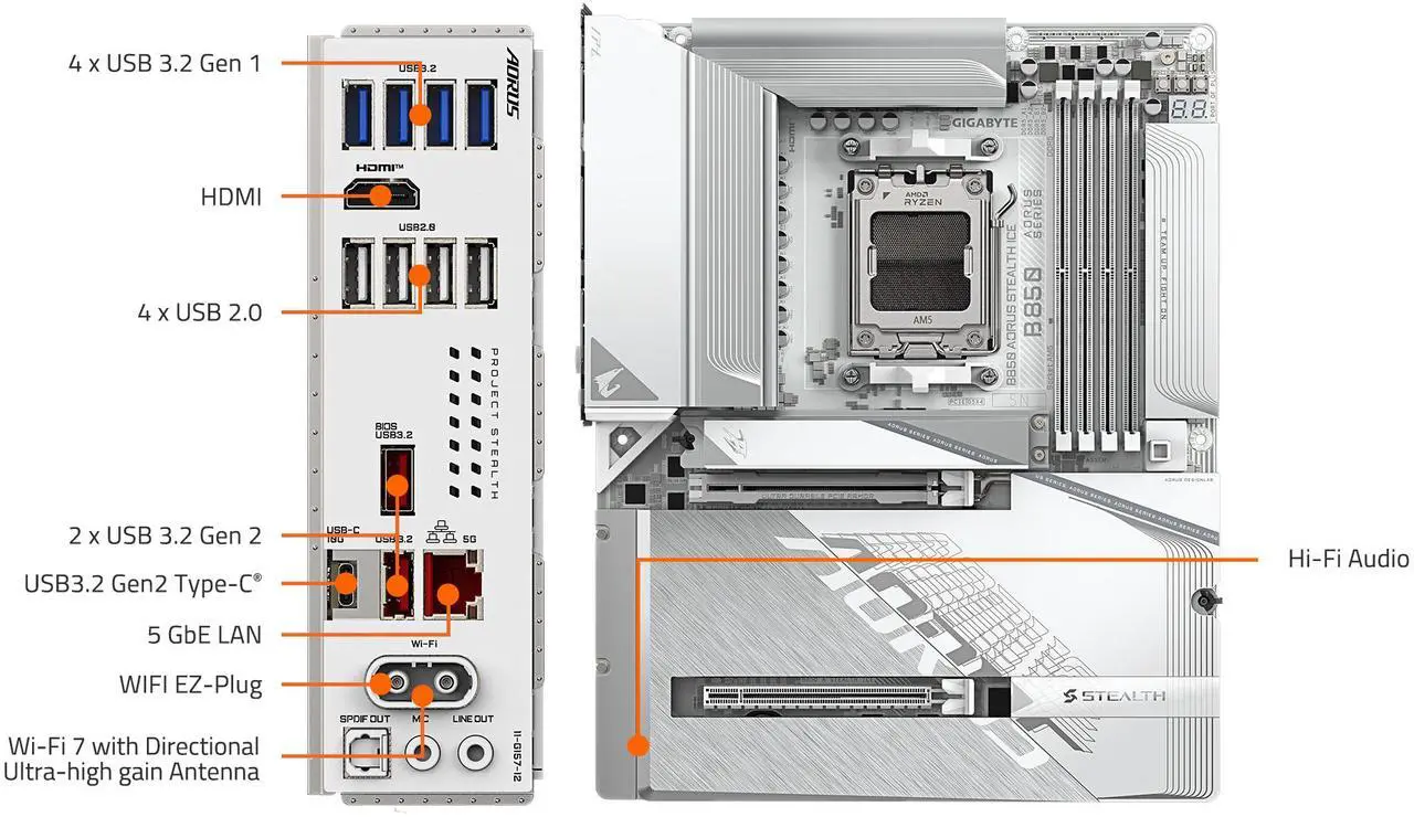 Alt view image 7 of 7 - GIGABYTE B850 A STEALTH ICE ATX AM5 AMD B850 ATX Motherboard