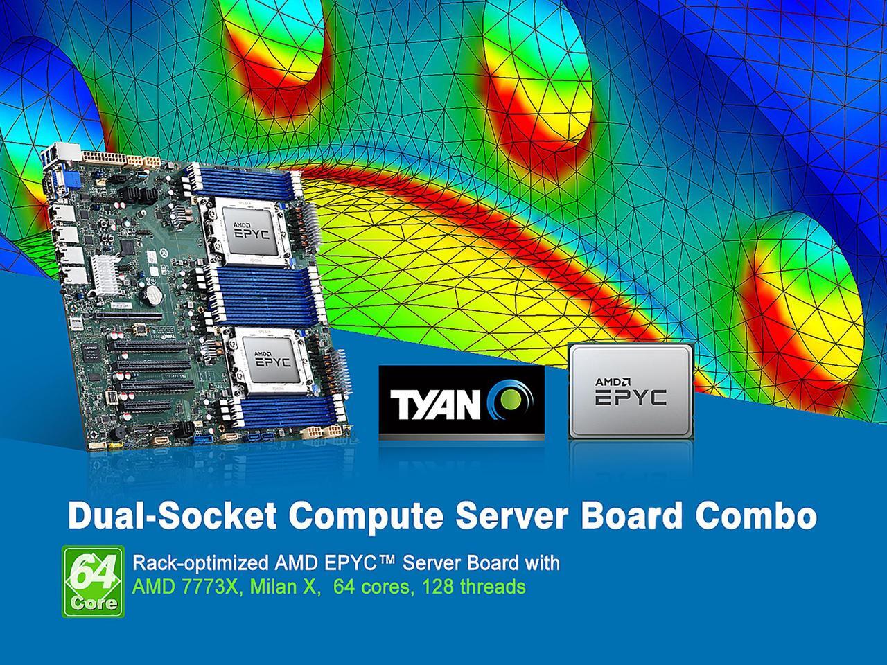 Main image of Tyan S8253 Motherboard and AMD Dual Milan 7773X 64-Core CPU combo deal.  Factory Installed/Tested/Burn-in/Shipped