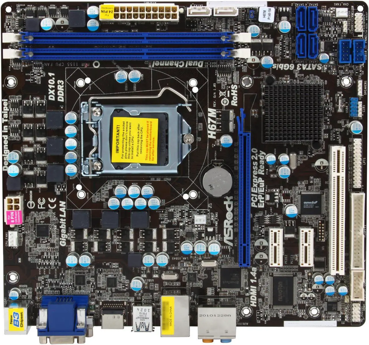 Alt view image 3 of 5 - ASRock H67M (B3) LGA 1155 Intel H67 HDMI USB 3.0 Micro ATX Intel Motherboard
