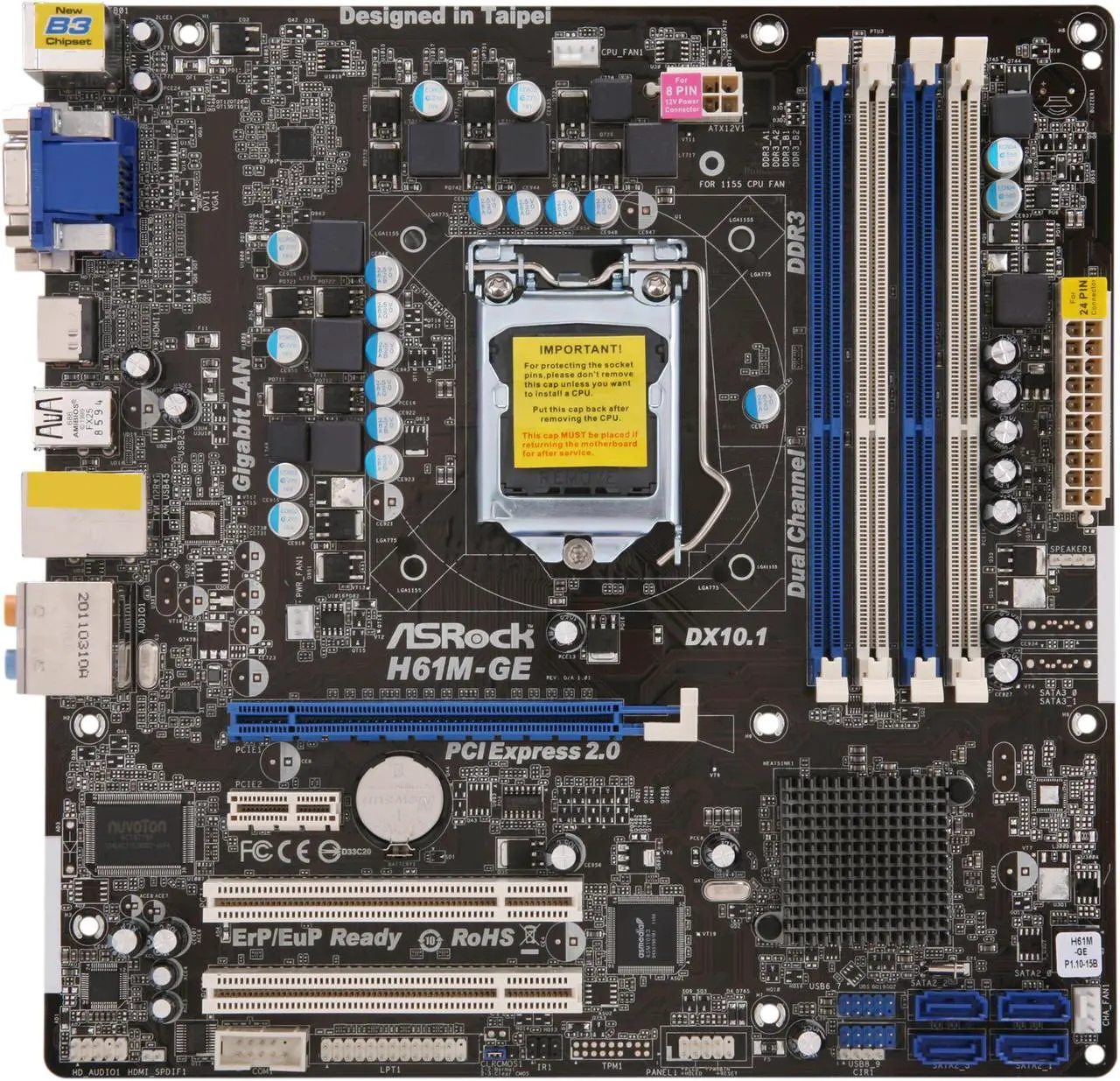 Alt view image 3 of 5 - ASRock H61M-GE LGA 1155 Intel H61 HDMI Micro ATX Intel Motherboard