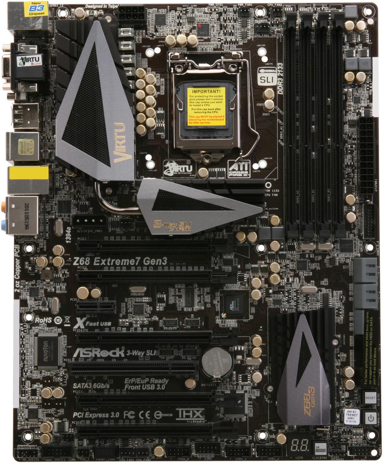 Alt view image 3 of 5 - ASRock Z68 Extreme7 Gen3 LGA 1155 Intel Z68 HDMI SATA 6Gb/s USB 3.0 ATX Intel Motherboard