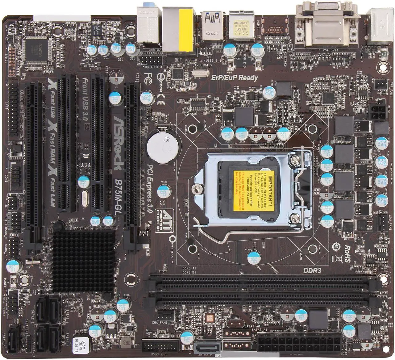 Alt view image 3 of 5 - ASRock B75M-GL R2.0 LGA 1155 Intel B75 USB 3.0 Micro ATX Intel Motherboard with UEFI BIOS