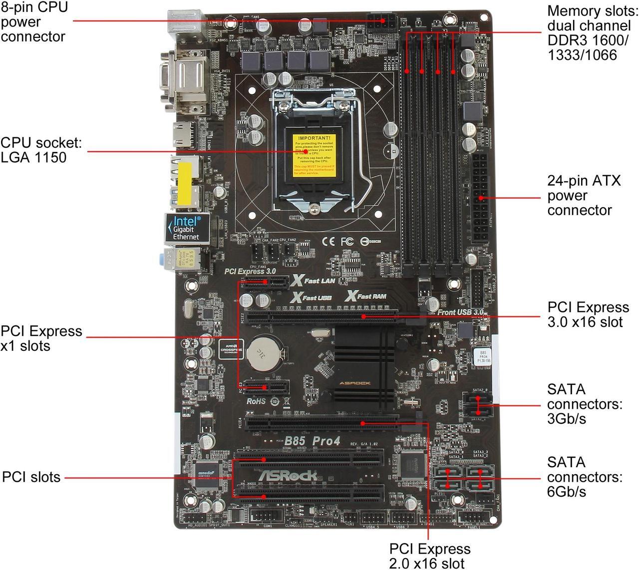 Alt view image 4 of 5 - ASRock B85 Pro4 LGA 1150 Intel B85 HDMI SATA 6Gb/s USB 3.0 ATX Intel Motherboard