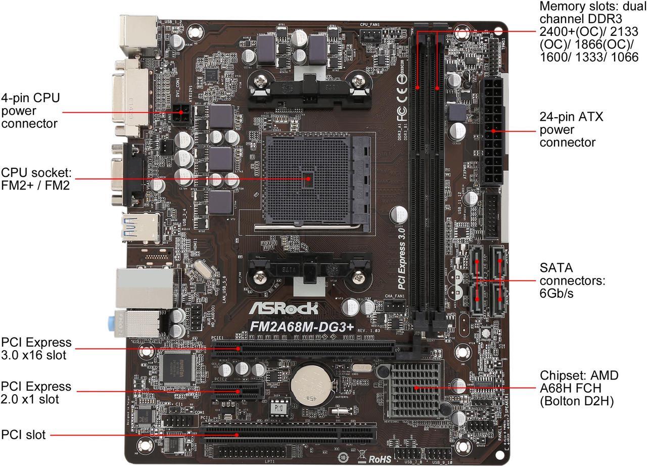 Alt view image 6 of 8 - ASRock FM2A68M-DG3+ FM2+ / FM2 AMD A68H FCH (Bolton D2H) SATA 6Gb/s USB 3.0 Micro ATX AMD Motherboard