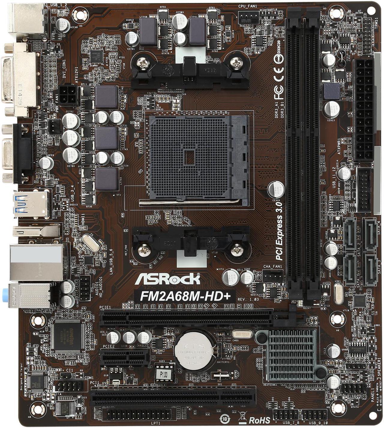 Alt view image 4 of 5 - ASRock FM2A68M-HD+ FM2+ / FM2 AMD A68H (Bolton-D2H) SATA 6Gb/s USB 3.0 HDMI Micro ATX AMD Motherboard