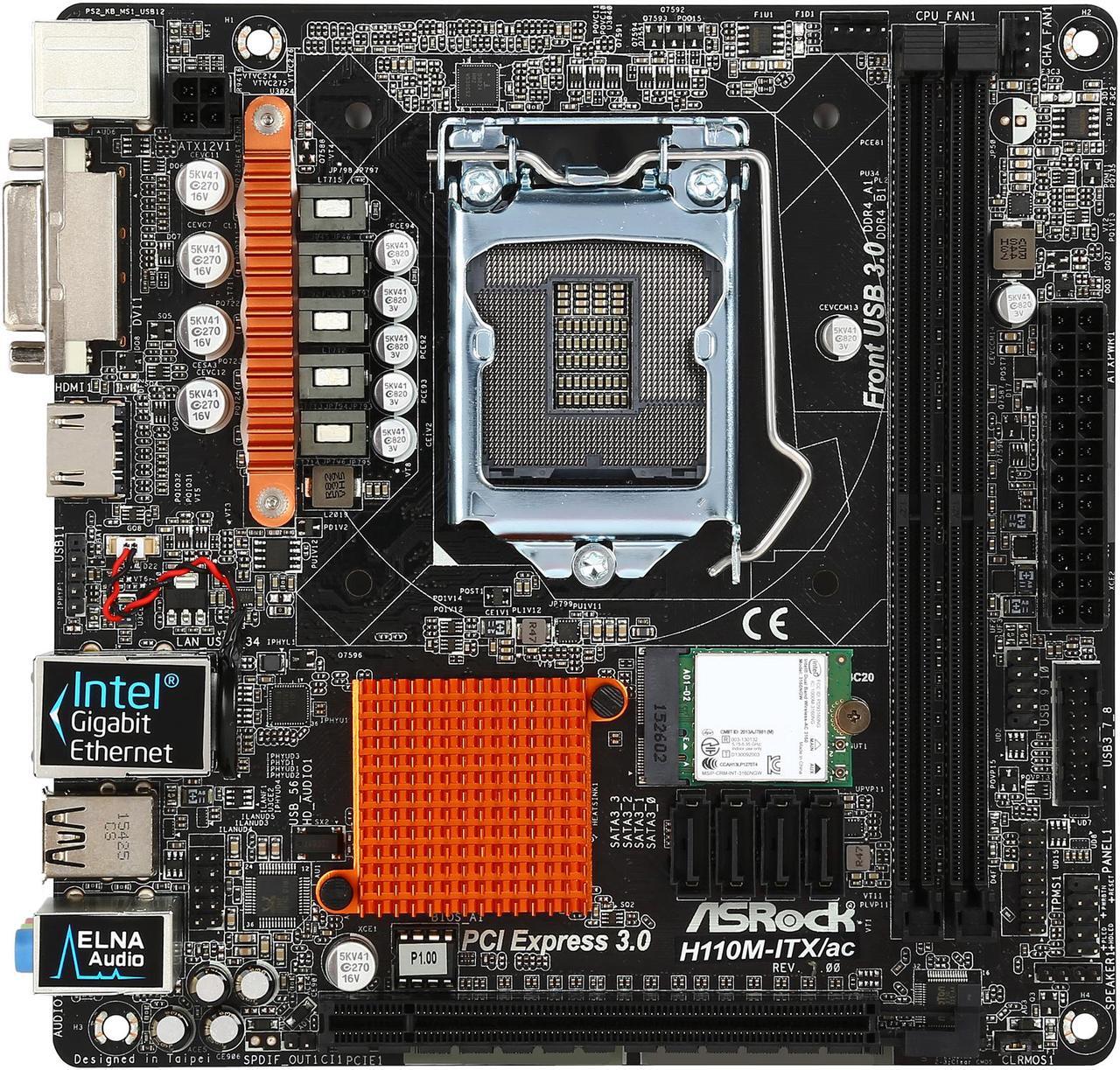 Alt view image 4 of 5 - ASRock H110M-ITX/ac LGA 1151 Intel H110 HDMI SATA 6Gb/s USB 3.1 Mini ITX Intel Motherboard