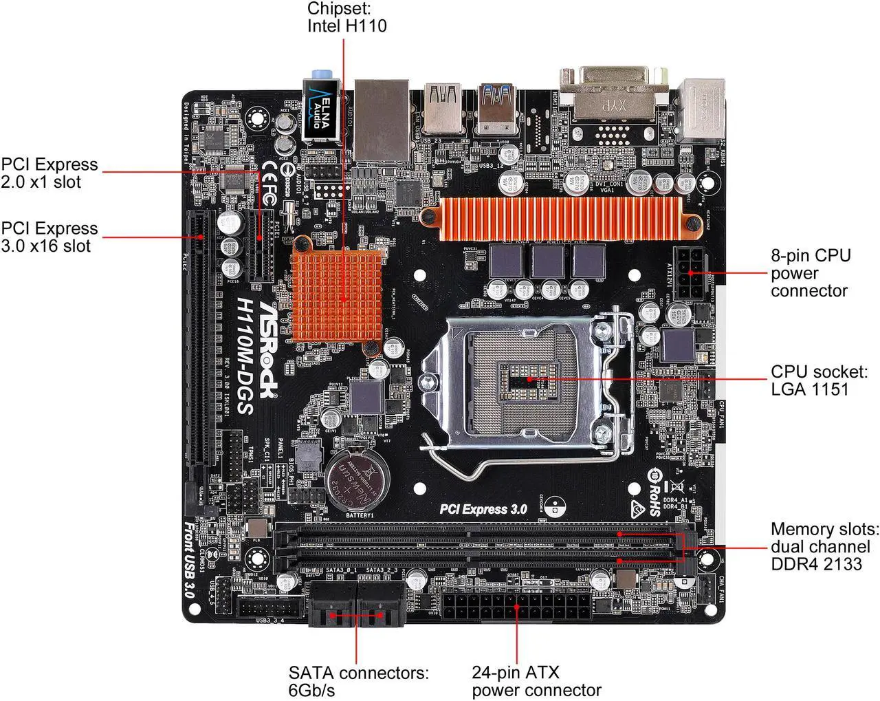 Alt view image 3 of 10 - ASRock H110M-DGS R3.0 LGA 1151 Intel H110 USB 3.0 Micro ATX Motherboards - Intel