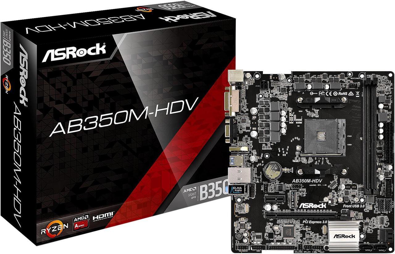 Alt view image 7 of 7 - ASRock AB350M-HDV AM4 AMD Promontory B350 SATA 6Gb/s USB 3.1 HDMI Micro ATX AMD Motherboard