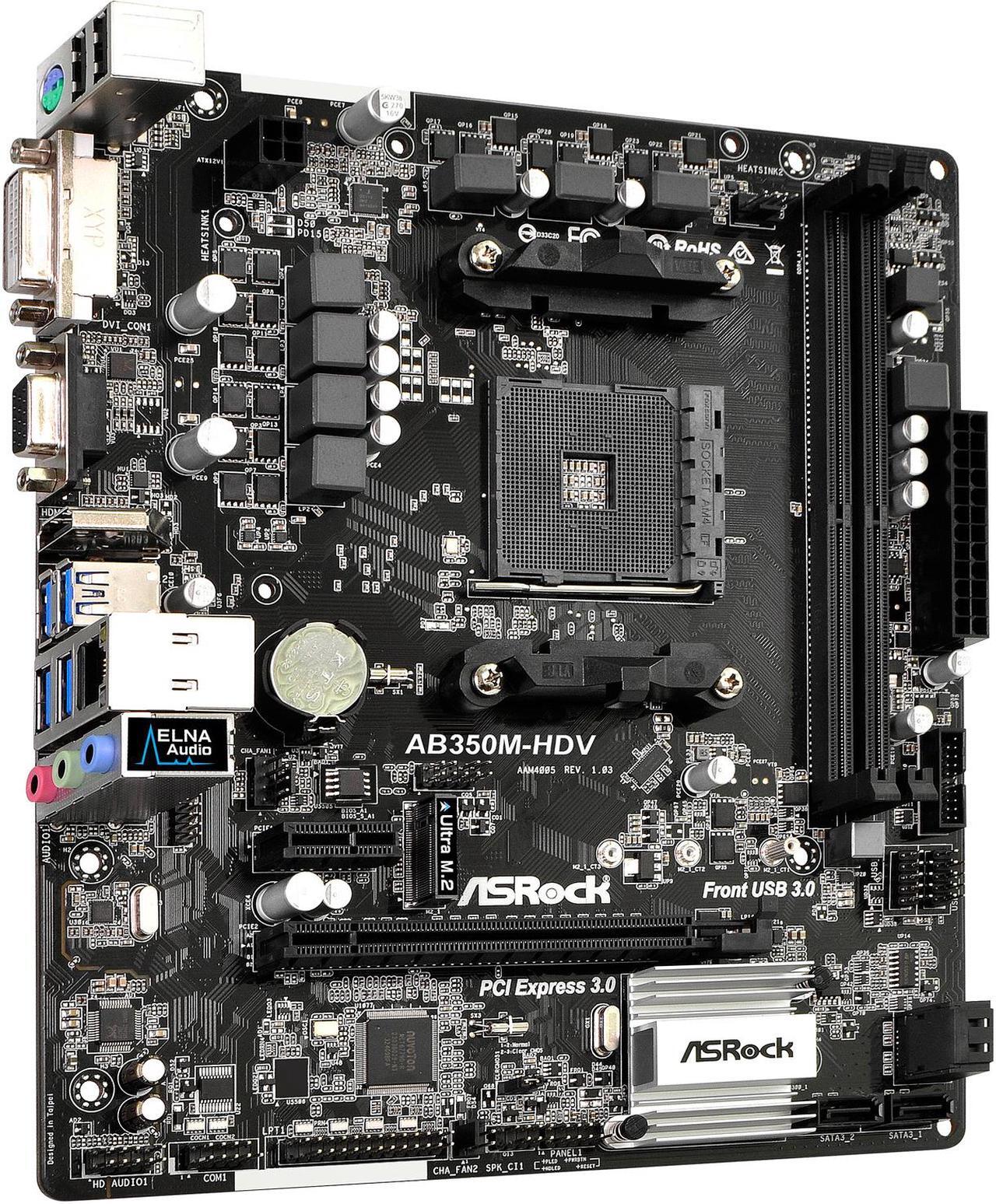 Alt view image 3 of 7 - ASRock AB350M-HDV AM4 AMD Promontory B350 SATA 6Gb/s USB 3.1 HDMI Micro ATX AMD Motherboard
