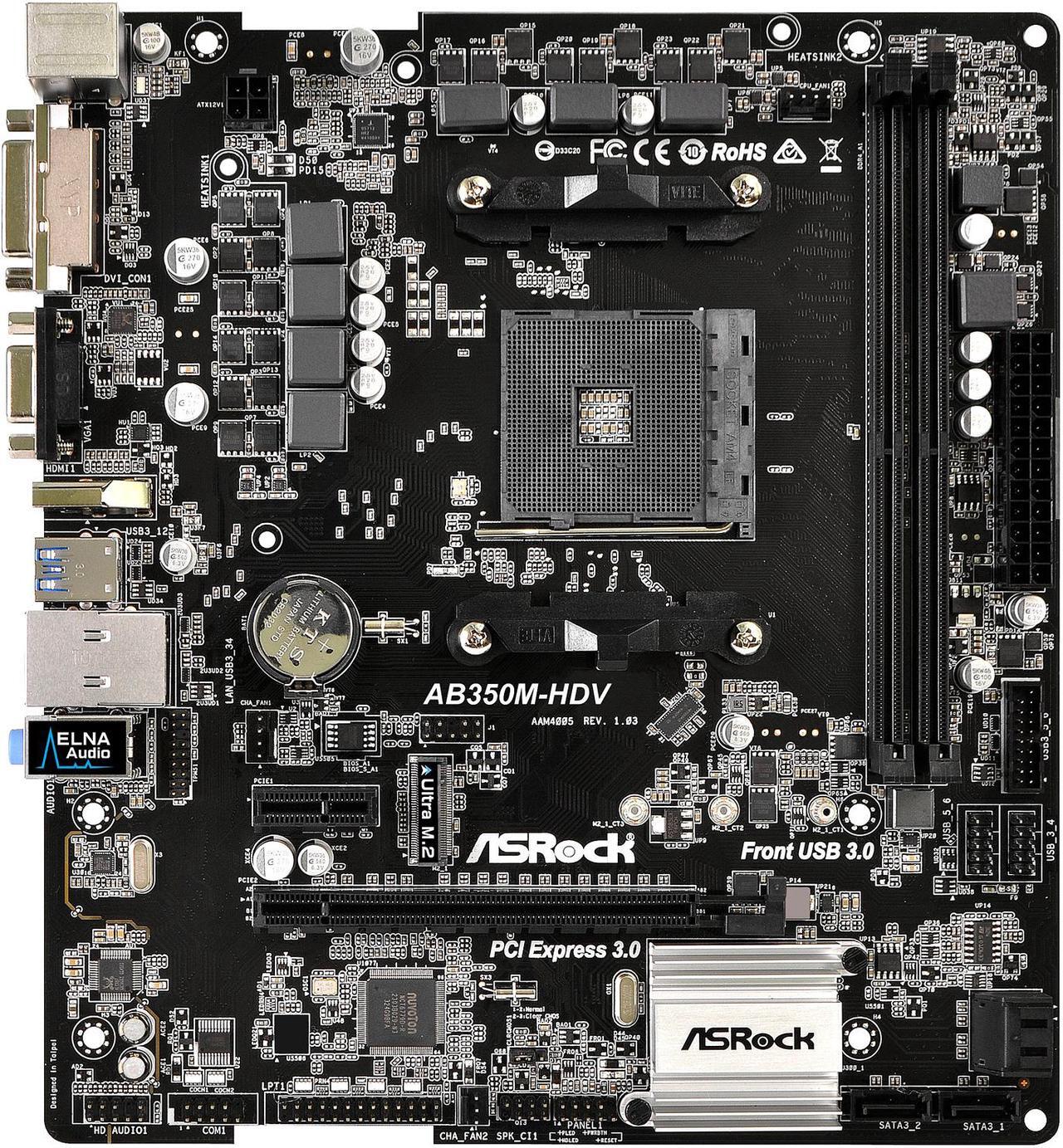 Alt view image 2 of 7 - ASRock AB350M-HDV AM4 AMD Promontory B350 SATA 6Gb/s USB 3.1 HDMI Micro ATX AMD Motherboard