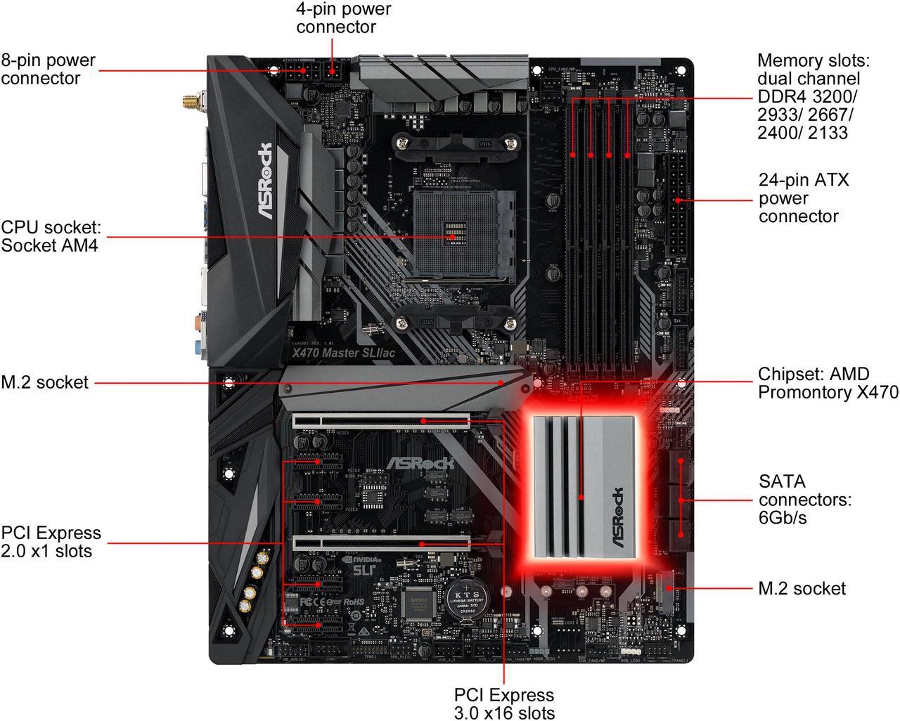Alt view image 2 of 11 - ASRock X470 Master SLI/AC AM4 AMD Ryzen 3000 Series CPU Ready ATX AMD Motherboard